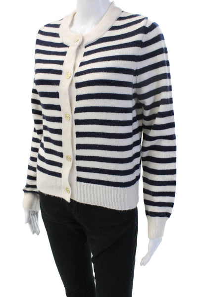 MNG Women Cardigan Striped White Button Crew Neck Long Sleeve Size M