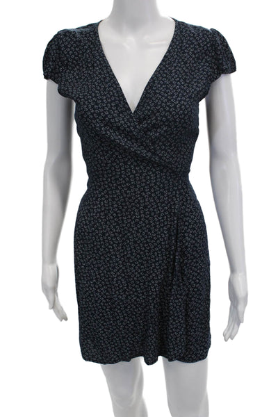 Brandy Melville Women Wrap Dress Dark Blue Floral Short Sleeve Size One Size