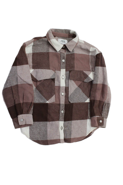 Zara Girls Cotton Checkered Print Collared Button Down Shirt Brown Size 8-9