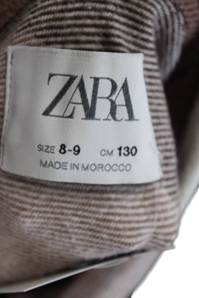 Zara Girls Cotton Checkered Print Collared Button Down Shirt Brown Size 8-9