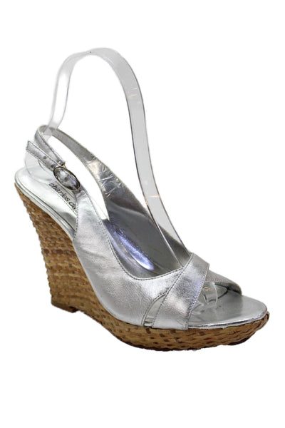 Charles David Womens Metallic Leather Slingback Wedge Sandals Silver Size 6