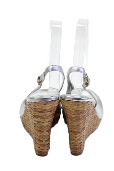 Charles David Womens Metallic Leather Slingback Wedge Sandals Silver Size 6