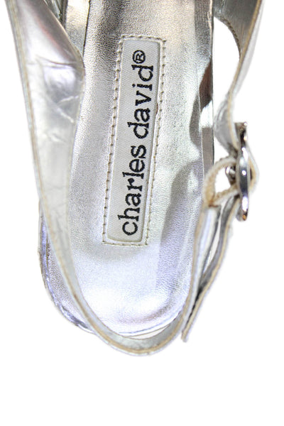 Charles David Womens Metallic Leather Slingback Wedge Sandals Silver Size 6