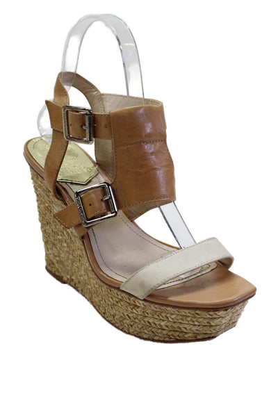 Vince Camuto Womens Leather Ankle Strap Espadrille Wedge Sandals Beige Size 6