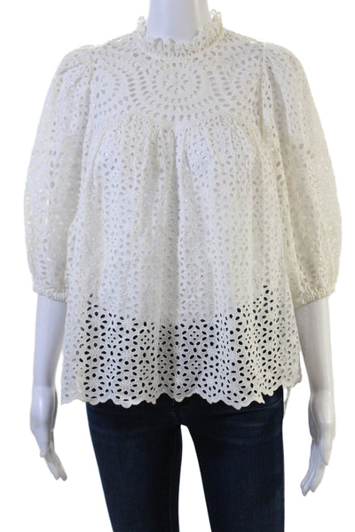 Ulla Johnson Women Bohemian Floral High Neck Cotton Blouse 3/4 Sleeve Size 6