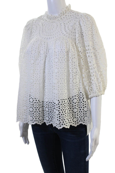Ulla Johnson Women Bohemian Floral High Neck Cotton Blouse 3/4 Sleeve Size 6