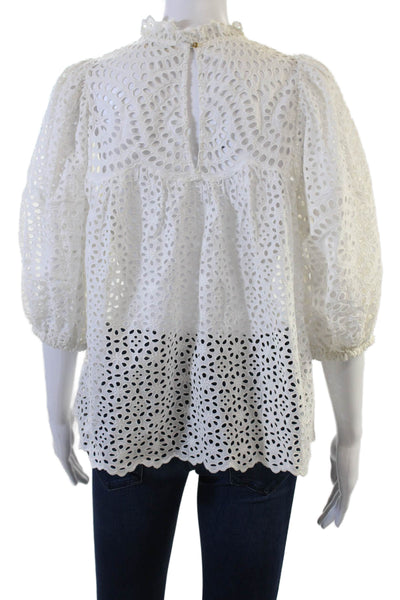 Ulla Johnson Women Bohemian Floral High Neck Cotton Blouse 3/4 Sleeve Size 6
