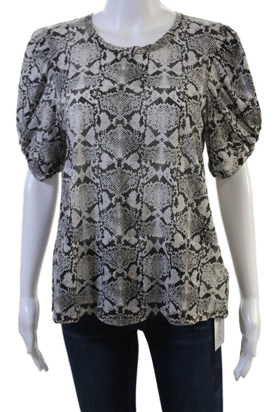 A.L.C. Women Black Animal Print Cotton Round Neck Short Sleeve Blouse Size M