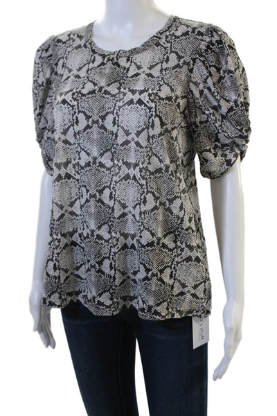 A.L.C. Women Black Animal Print Cotton Round Neck Short Sleeve Blouse Size M