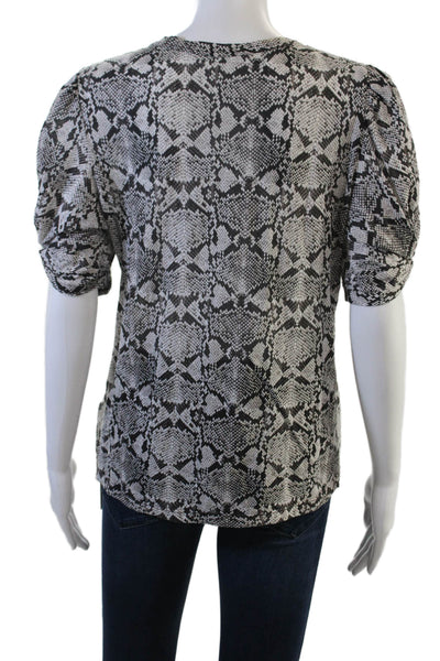 A.L.C. Women Black Animal Print Cotton Round Neck Short Sleeve Blouse Size M