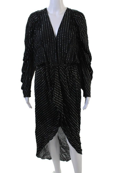 IRO Women Black Striped Wrap Dress V-Neck Long Sleeve Full-Length Zip Size S