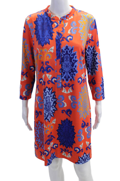 Gretchen Scott Women Paisley Shift Dress Blue 3/4 Sleeve Mock Neck Midi Size S