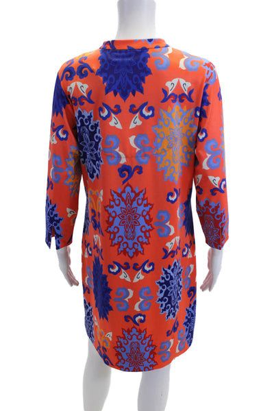 Gretchen Scott Women Paisley Shift Dress Blue 3/4 Sleeve Mock Neck Midi Size S