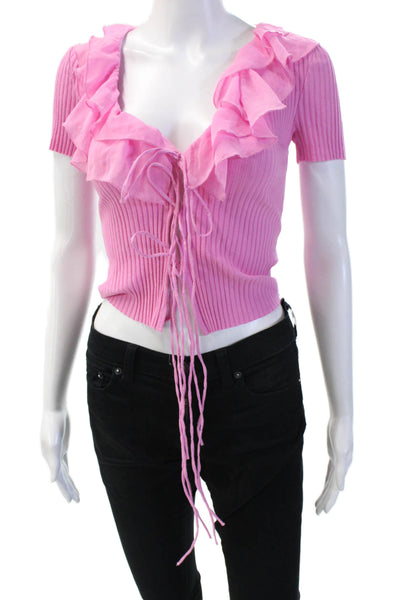 Zara Women Cropped Pink Cotton V-Neck Short Sleeve Blouse Size S