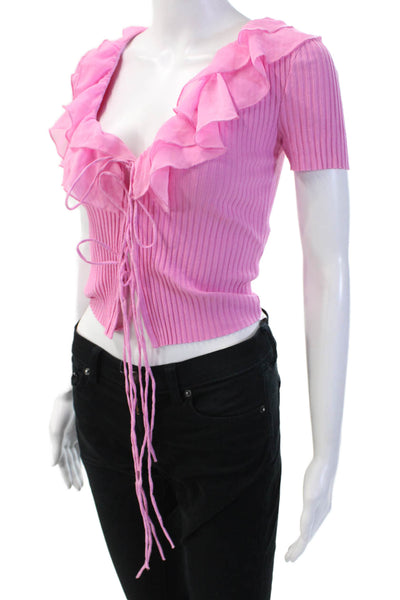 Zara Women Cropped Pink Cotton V-Neck Short Sleeve Blouse Size S