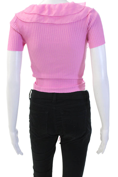 Zara Women Cropped Pink Cotton V-Neck Short Sleeve Blouse Size S