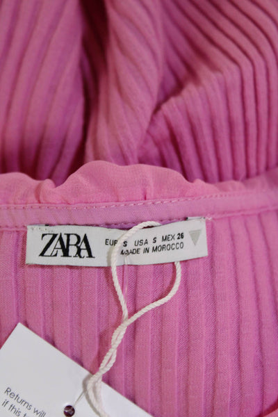 Zara Women Cropped Pink Cotton V-Neck Short Sleeve Blouse Size S