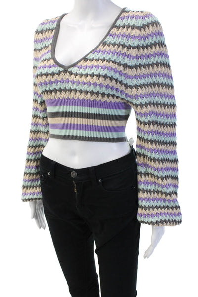 Zara Unisex Beige Striped V-Neck Pullover Sweater Long Sleeve Size S