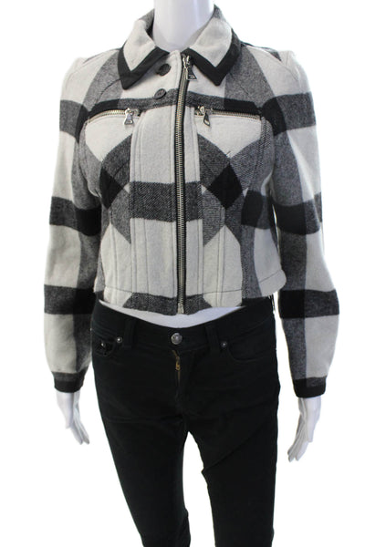Espirit Women Bomber Jacket Black Plaid Wool Blend Collared Size S