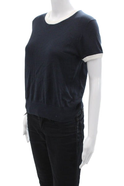 Vince Women Ringer T-Shirt Dark Blue Short Sleeve Cotton-Cashmere Size S