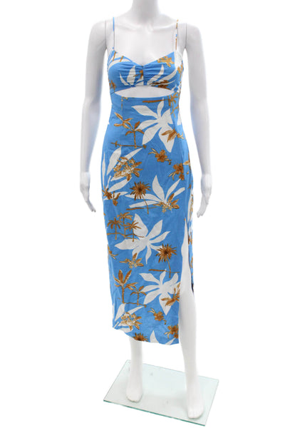 Zara Women Maxi Slip Floral Blue Dress Linen Viscose Zip Sleeveless Size XS