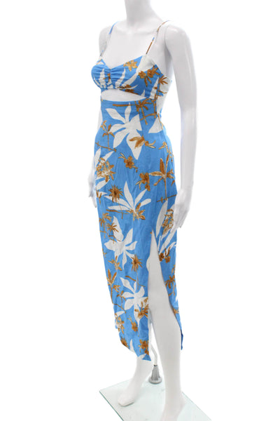Zara Women Maxi Slip Floral Blue Dress Linen Viscose Zip Sleeveless Size XS
