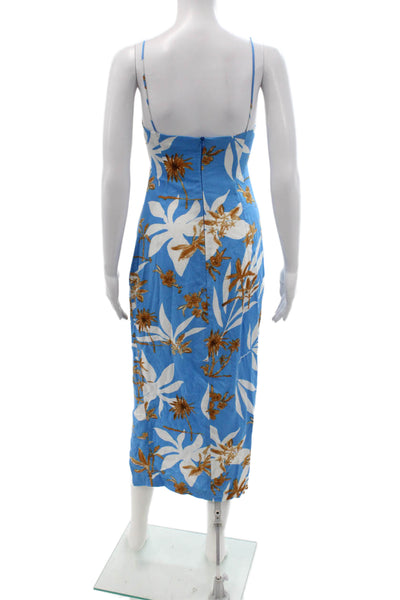 Zara Women Maxi Slip Floral Blue Dress Linen Viscose Zip Sleeveless Size XS