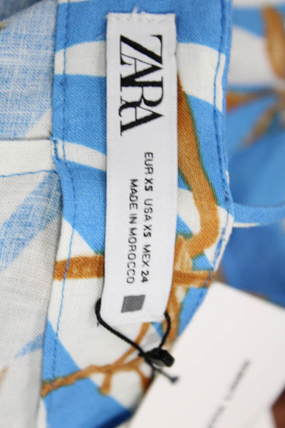 Zara Women Maxi Slip Floral Blue Dress Linen Viscose Zip Sleeveless Size XS