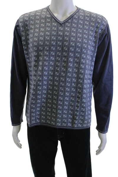 Halogen Mens Pullover Sweater Dark Blue V-Neck Geometric Long Sleeve Size L