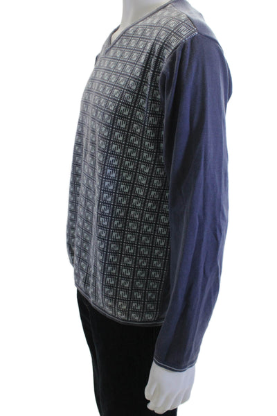 Halogen Mens Pullover Sweater Dark Blue V-Neck Geometric Long Sleeve Size L