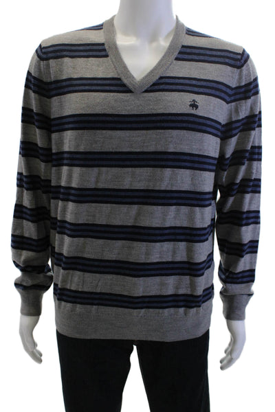 Brooks Brothers Men V-Neck Striped Merino Wool Pullover Sweater Gray Size L
