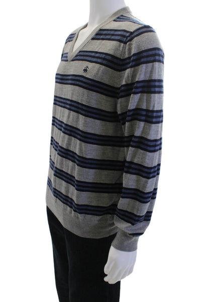 Brooks Brothers Men V-Neck Striped Merino Wool Pullover Sweater Gray Size L