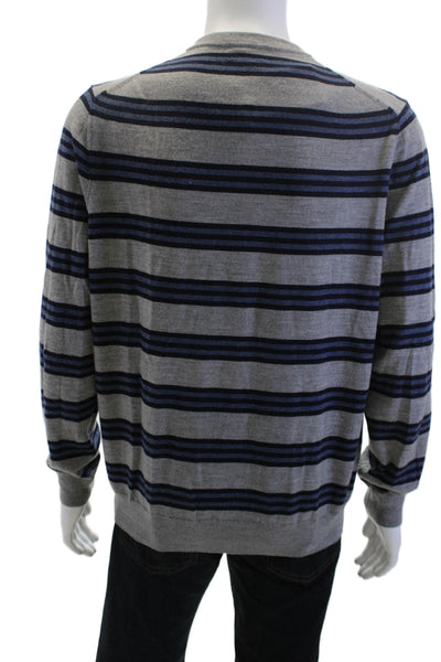 Brooks Brothers Men V-Neck Striped Merino Wool Pullover Sweater Gray Size L