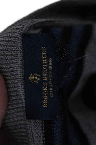 Brooks Brothers Men V-Neck Striped Merino Wool Pullover Sweater Gray Size L