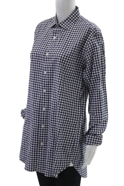 J Crew Women Tunic Button Up Blue Cotton Collared Long Sleeve Check Size M