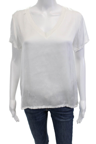 Nation LTD Women Basic White V-Neck Viscose T-Shirt Short Sleeve Size S