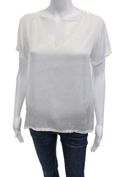 Nation LTD Women Basic White V-Neck Viscose T-Shirt Short Sleeve Size S