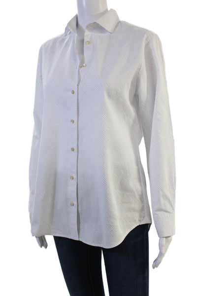 Sharis Place Womens White Polka Dot Cotton Button-Up Long Sleeve Top Size 44