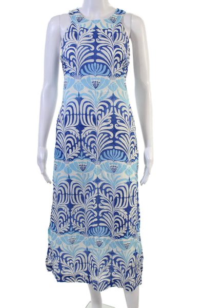 J. Mclaughlin Women Maxi Tank Dress Blue Geometric 100% Tencel Size XS