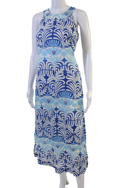J. Mclaughlin Women Maxi Tank Dress Blue Geometric 100% Tencel Size XS