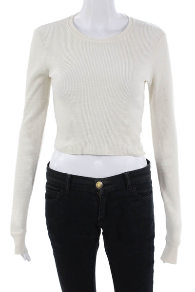 TNA Women Cropped Basic White Button Crew Neck Long Sleeve T-Shirt Size S