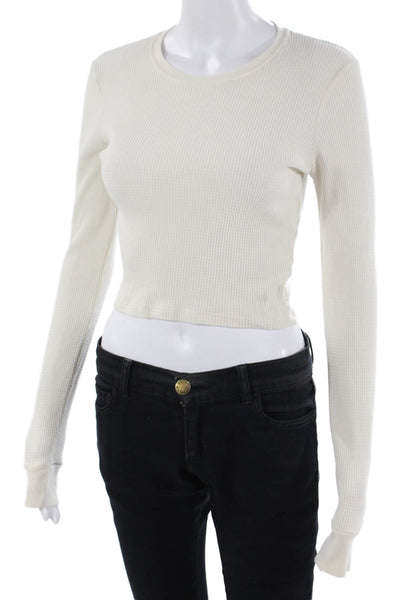 TNA Women Cropped Basic White Button Crew Neck Long Sleeve T-Shirt Size S