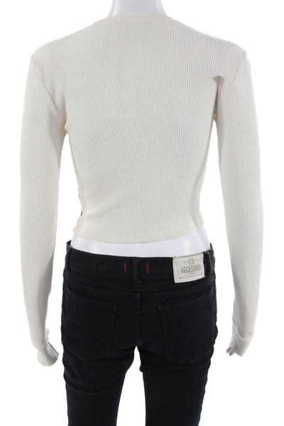 TNA Women Cropped Basic White Button Crew Neck Long Sleeve T-Shirt Size S