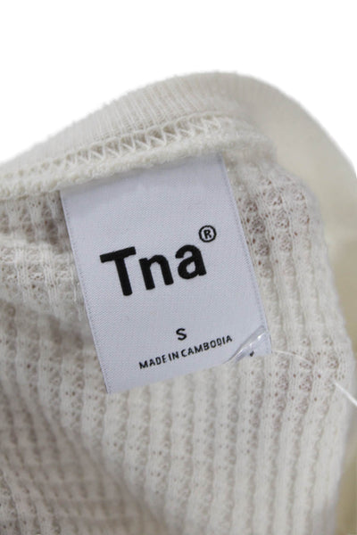 TNA Women Cropped Basic White Button Crew Neck Long Sleeve T-Shirt Size S
