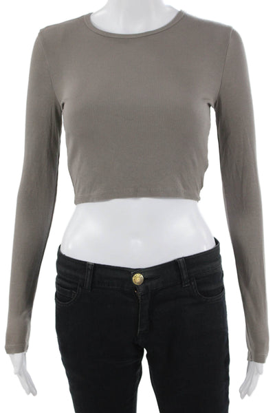 Sunday Best Women Gray Cropped Long Sleeve T-Shirt Crew Neck Button Size S
