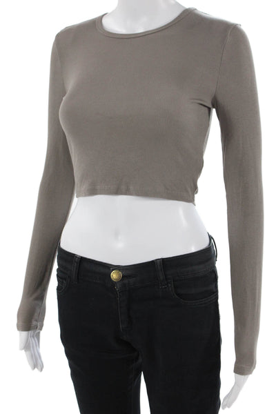 Sunday Best Women Gray Cropped Long Sleeve T-Shirt Crew Neck Button Size S