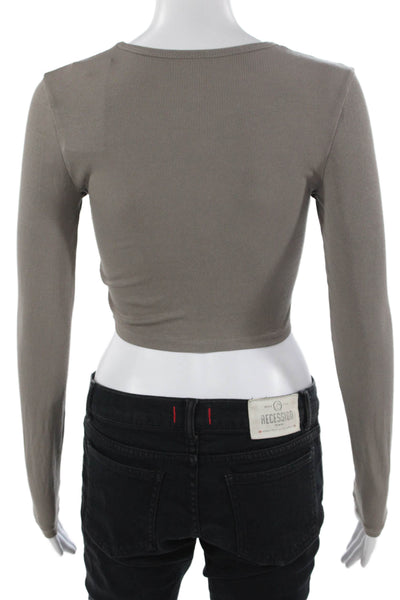Sunday Best Women Gray Cropped Long Sleeve T-Shirt Crew Neck Button Size S