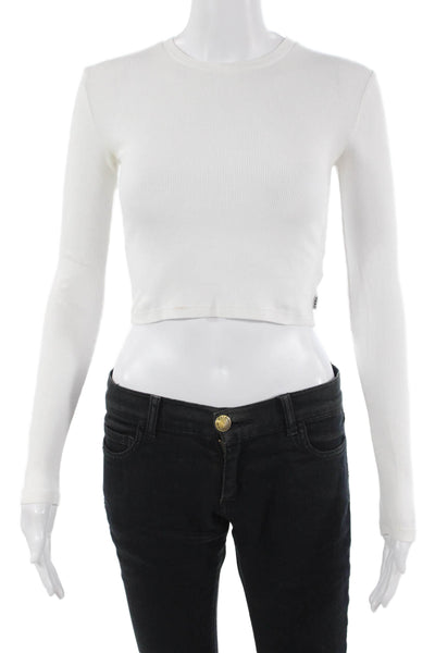 TNA Women Cropped Basic T-Shirt White Long Sleeve Crew Neck Button Size XS