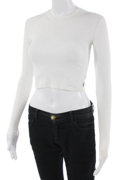 TNA Women Cropped Basic T-Shirt White Long Sleeve Crew Neck Button Size XS