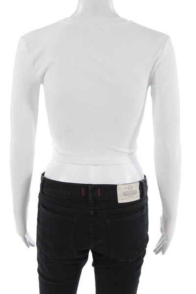TNA Women Cropped Basic T-Shirt White Long Sleeve Crew Neck Button Size XS